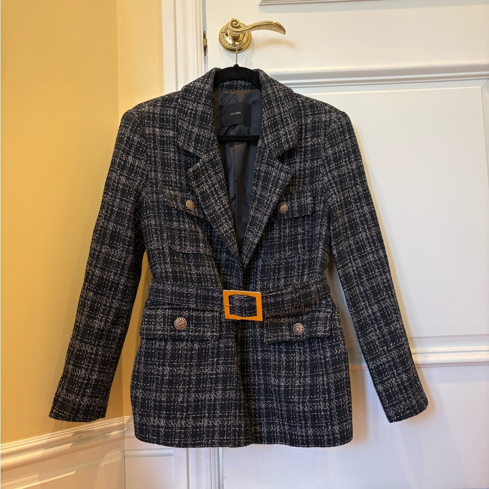 Chic Black and White Plaid Blazer with Gold Buckle